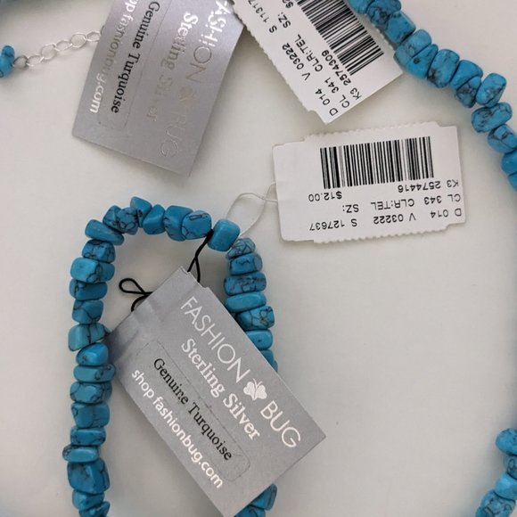 FASHION BUG Lot (2) Turquoise Chip Sterling Silver Necklace & Stretch Bracelet - Picture 3 of 4